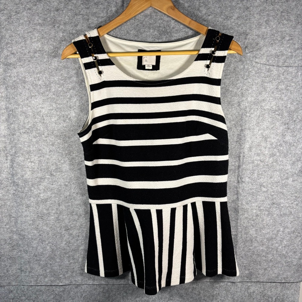 Anthropologie Black and White Striped Peplum Tank with Buckle Straps